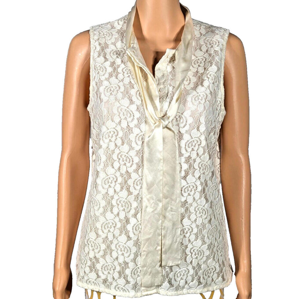 RACHEL ZOE Blouse Sz 10 Ivory Lace with Silk Tie Lined Boho Chic Feminine Flirty